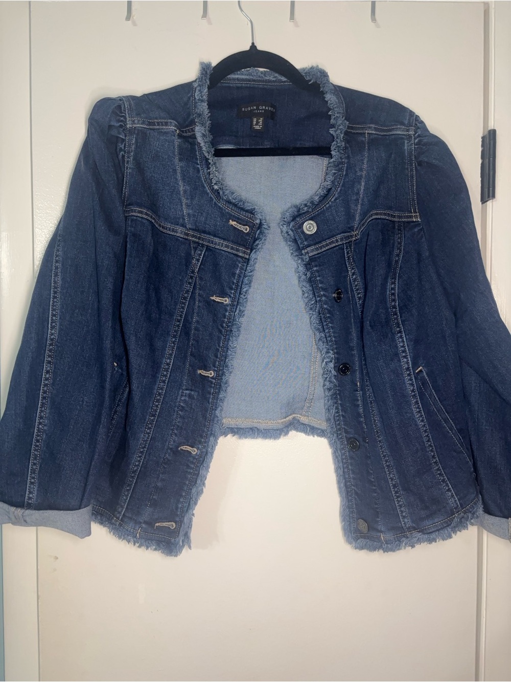 Susan Graver Women's Frayed Edge Dark Blue Denim Jacket
